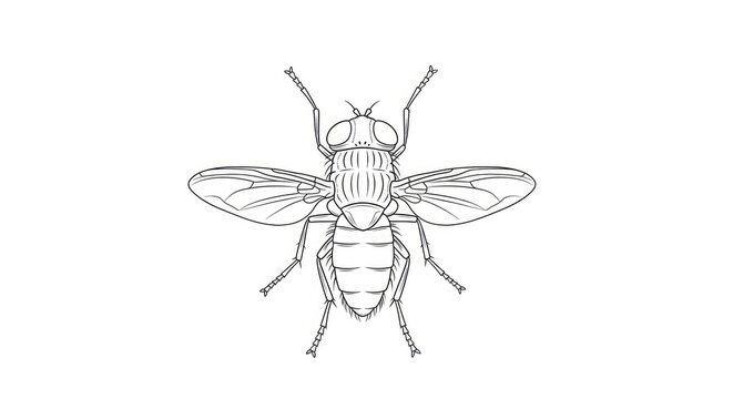 A fly is depicted in a detailed black and white line drawing. The fly is centered against a plain white background.
