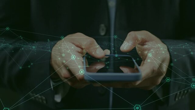 Businessman tapping and swiping smartphone while initiating teal network nodes overlaying tech app