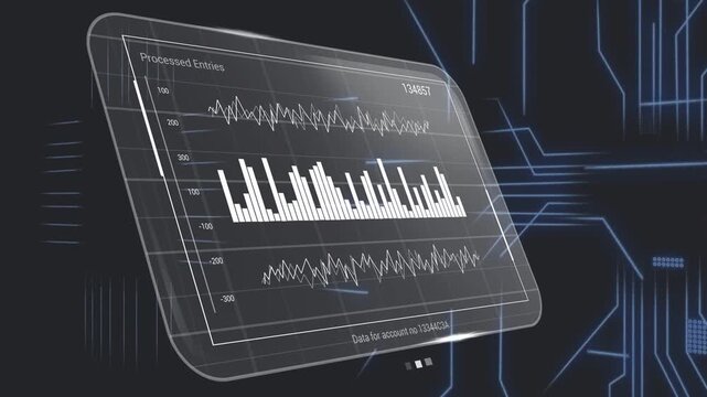 Blue data streaks starting rotation rounded panel rotating filling 3 graphs showing live data flow