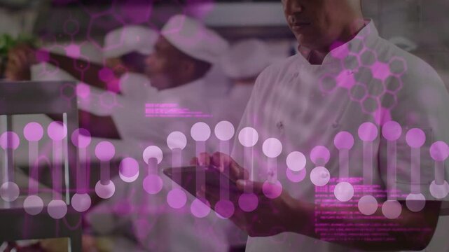 Chef swiping tablet in kitchen initiating magenta helix syncing with touch for coordinating service