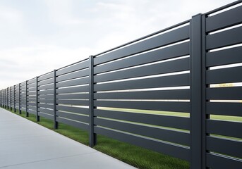 Fototapeta premium Modern Dark Grey Horizontal Slat Fence Along a Sidewalk and Green Lawn