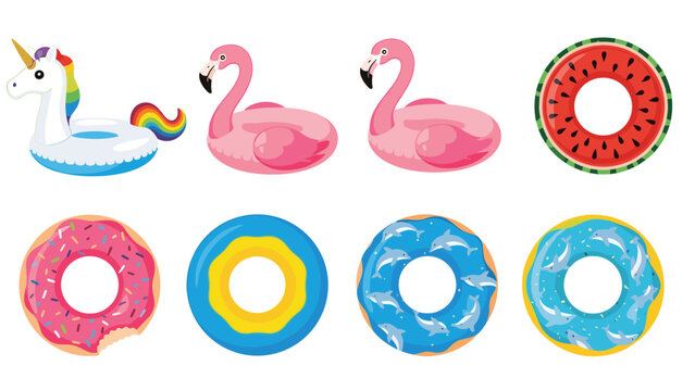 Assorted colorful inflatable pool floats in fun shapes like a unicorn, flamingo, watermelon, and donuts for summer water fun.
