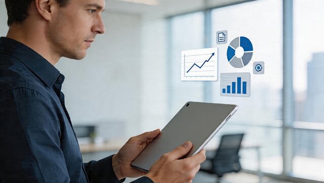 Businessman using tablet looking at digital hologram charts data analysis graph growth pie diagram bar chart infographic overlay modern office interior with city view corporate