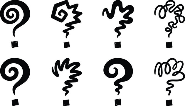Ocho signos de interrogaci&oacute;n estilizados y variados en blanco y negro, representando duda y curiosidad.
