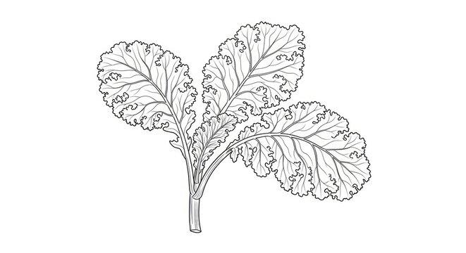 A detailed black and white line drawing depicts a vibrant head of curly kale. The leaf structure is intricate, showcasing its characteristic ruffled edges and prominent veins.