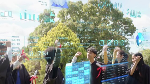 Graduates raising arms and throwing caps, celebrating graduation with data overlay showing charts