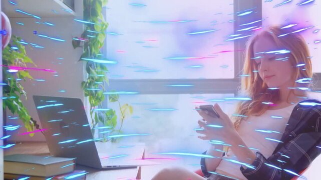 Woman pausing laptop typing to check phone then resuming remote work blue-pink overlay passing over