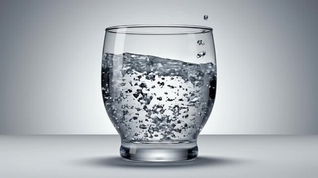 A clear glass is being filled with water, creating dynamic patterns and reflections against a neutral background.