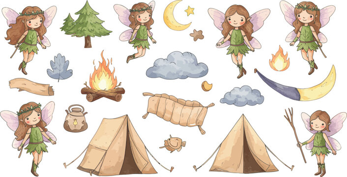 Whimsical fairy girls camping outdoors in nature with trees and tents