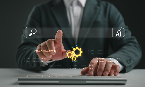 Businessman touching virtual search bar with AI technology icon and gears. Concept of artificial intelligence engine, digital information discovery, futuristic web browsing, and smart data seo.