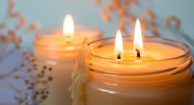 Two lit candles in glass jars with soft focus background.