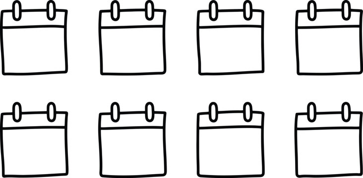 Ocho iconos de calendario en blanco, dibujados a mano con un estilo sencillo y minimalista.