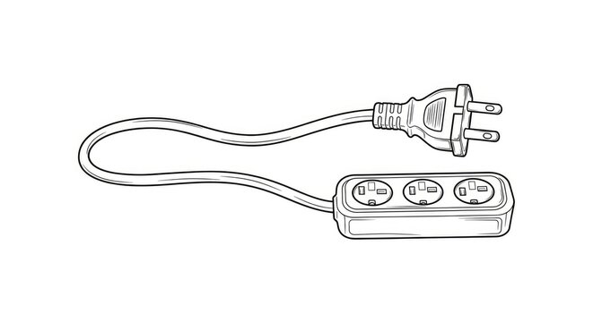 A black and white line drawing depicts an extension cord with a power strip. The cord has a flexible wire and a plug. The power strip has three outlets. The illustration is simple and graphic.