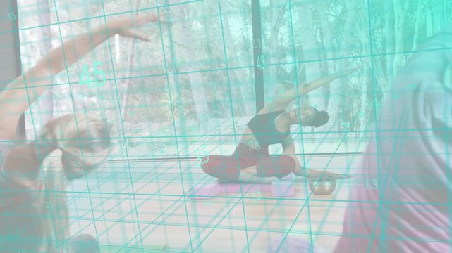 Woman breathing cueing leading yoga side-bend while class mirroring for form under turquoise grid
