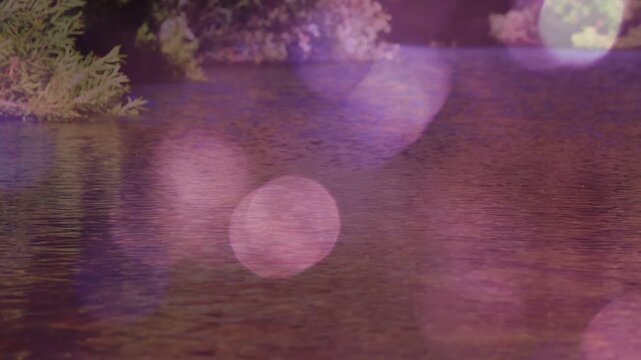 Purple light shifting, bokeh appearing drifting up and growing obscuring shore showing lake ripples