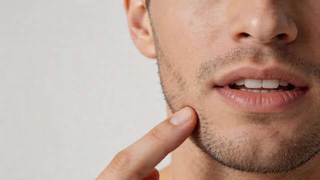 Male man touching pressing his jaw cheek with index finger pain discomfort soreness toothache wisdom teeth extraction healing after surgery inflammation abscess swollen gum or