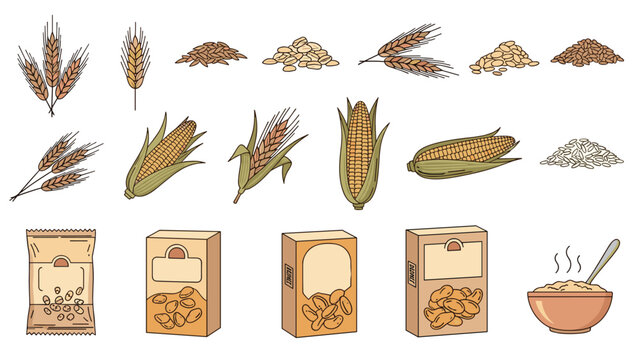 Variety of cereal grains and breakfast products including corn, wheat, oats, and packaged cereal boxes with a bowl.