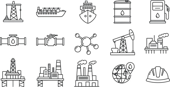 Collection of industrial oil and gas themed vector line icons featuring refinery equipment tankers pipelines extraction pumps and construction safety gear for design