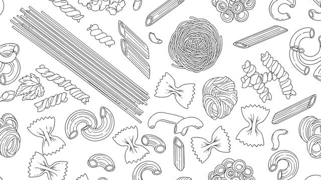 Seamless background pattern of various dry pasta shapes like fusilli, penne, farfalle, and spaghetti in a simple line art style.
