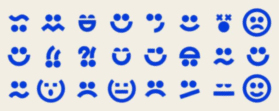 Blue halftone emotion faces icon set with happy, sad, angry, surprised and laughing expressions on neutral background