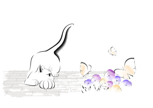 A cat with a fluffy tail watching butterflies fluttering around pansies, depicted in an ink painting style.
