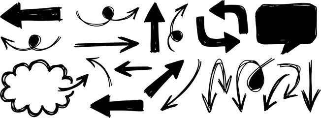 Hand sketched arrows and speech bubble icons with hand drawn graphics illustration collection direction movement communication freehand straight © Nur