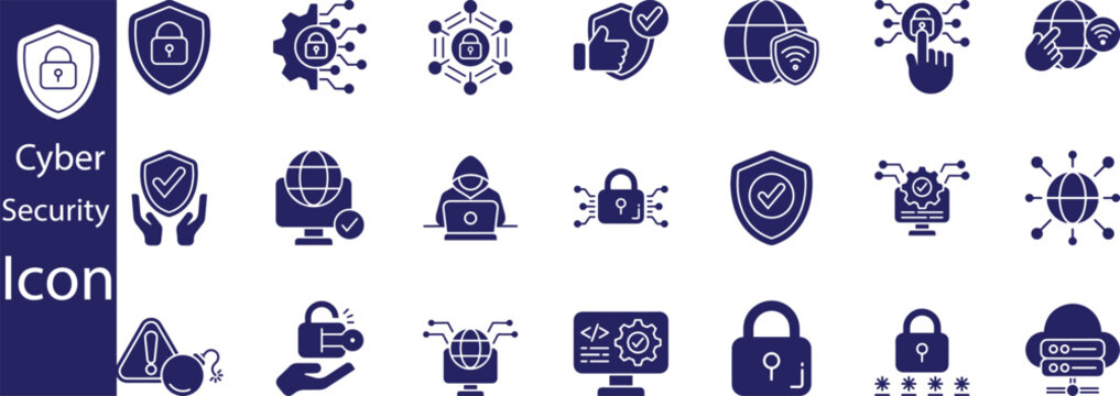 Cyber Security Icons Set. Data Protection, Encryption, Privacy, Firewall, Secure Network Symbols. Line Vector Illustration