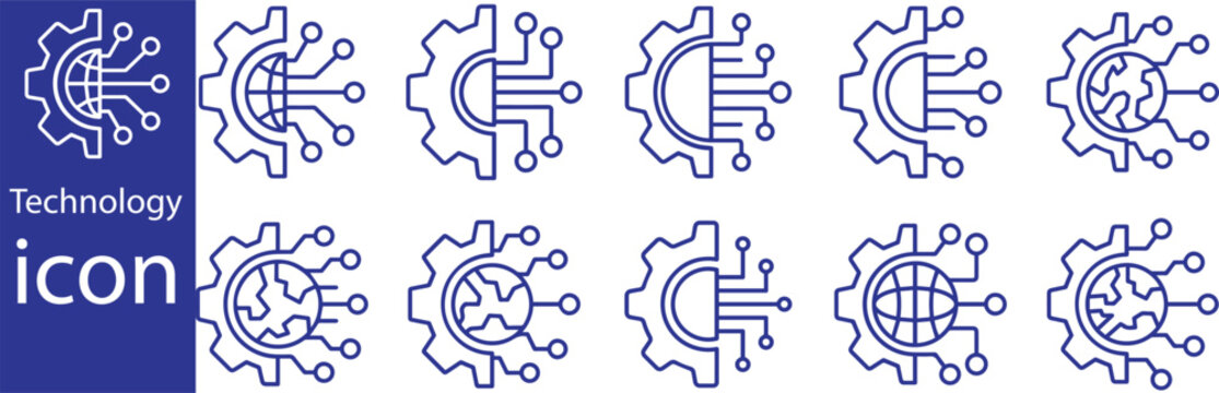 Technology Icons Set. AI, Circuit, Digital Network, Data Processing, Innovation Line Vector Illustration.Artificial Intelligence symbol .