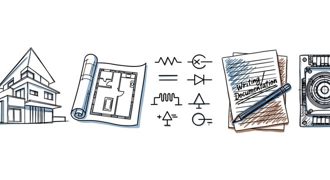 Architectural design elements including house blueprint and engineering tools are displayed.