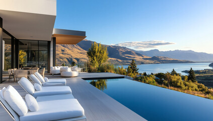 Fototapeta premium Modern open terrace with white soft seats and wood flooring surrounds tranquil pool with lake and mountain views.