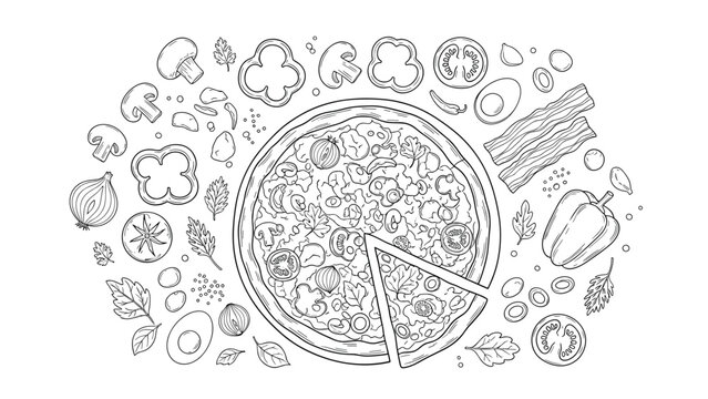 Detailed black and white line art composition of a whole pizza and its various fresh ingredients arranged in a circular pattern.
