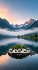 Obraz premium welcome may sign floating on misty mountain lake at sunrise