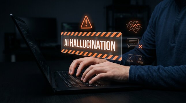 A person typing on a laptop with an AI hallucination warning sign appearing on the screen in a dark room