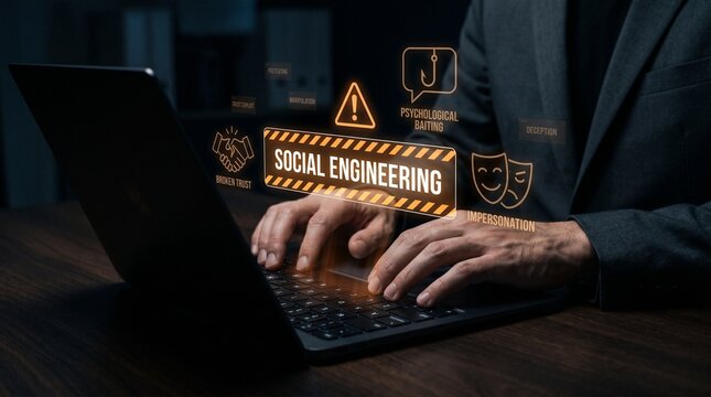 A man in a business suit uses a laptop with social engineering warning signs and symbols overlaid on the image to represent online security threats and cybercrime