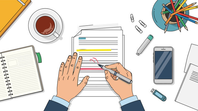 Top view of a person's hands using a pen to edit a paper document on a cluttered desk with coffee, pencils, and gadgets.