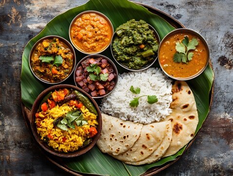 Complete Indian thali with mango curry, boondi raita, beans sabzi, dal and phulka roti on banana leaf
