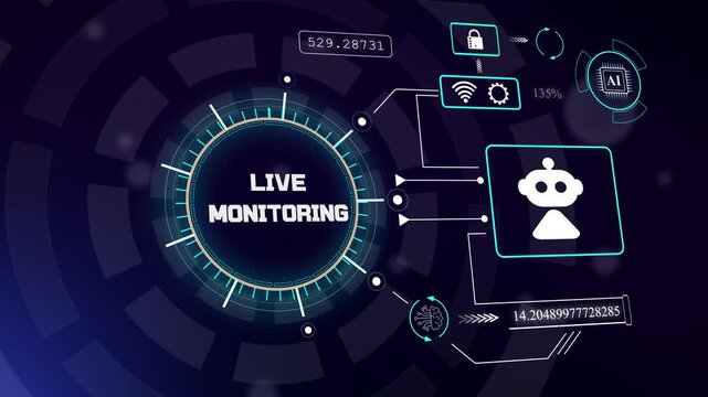 Futuristic live monitoring dashboard with robotic assistant for real-time network surveillance and data flow oversight, hud animation