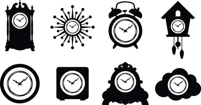 Colecci&oacute;n de siluetas de relojes de diferentes estilos y &eacute;pocas, incluyendo relojes de pie, despertadores y relojes de cuco.