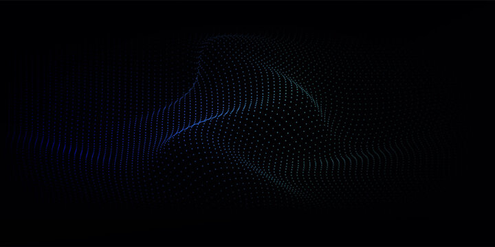 Flowing dot particles wave pattern blue and green gradient light isolated on black background. Vector in concept of AI technology, science, music.