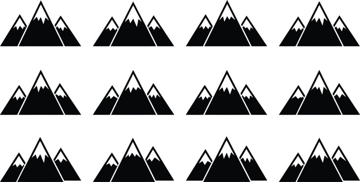Patr&oacute;n repetitivo de iconos de monta&ntilde;as nevadas en blanco y negro, dise&ntilde;o gr&aacute;fico minimalista.