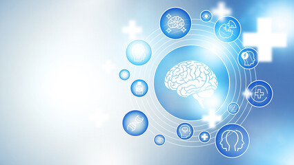 Naklejka premium Medical symbols and a brain graphic on a light blue background with circles and icons