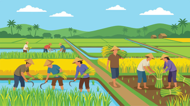 Farmers diligently harvesting rice in vibrant green paddy fields under a clear sky, showcasing traditional agricultural practices, community effort, and the essence of rural food production