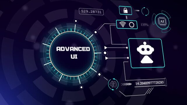 Modern advanced ui dashboard with robotic assistant for immersive user interaction and intelligent system control, hud animation