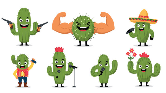 Fun collection of cactus characters including a cowboy, singer, and strongman for whimsical desert themed designs and social media.