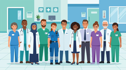 Obraz premium Diverse team of doctors, nurses, and medical staff united in a modern hospital. Dedicated to patient care and community health, symbolizing professional and compassionate service