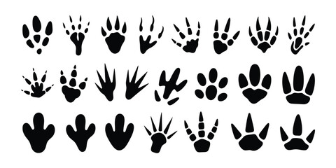 Dinosaur Footprint Vector Set, Black Dino Silhouette Fossil Paw Prints, Monster Reptile Footsteps, Paleontology Fossil Track Collection with Tyrannosaurus and Triceratops Tracks © GIBBI RWW