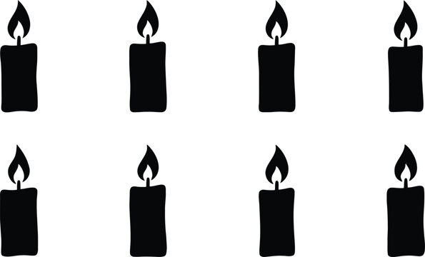 Ocho velas negras encendidas con llamas vibrantes sobre un fondo blanco.