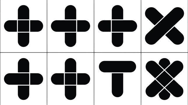 Conjunto de ocho figuras geom&eacute;tricas en blanco y negro, incluyendo cruces y formas de 'T' y 'X' superpuestas.
