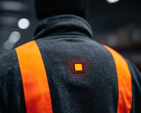 Low angle centered photograph of worker back torso wearing dark jacket with bright orange safety straps in blurred industrial setting