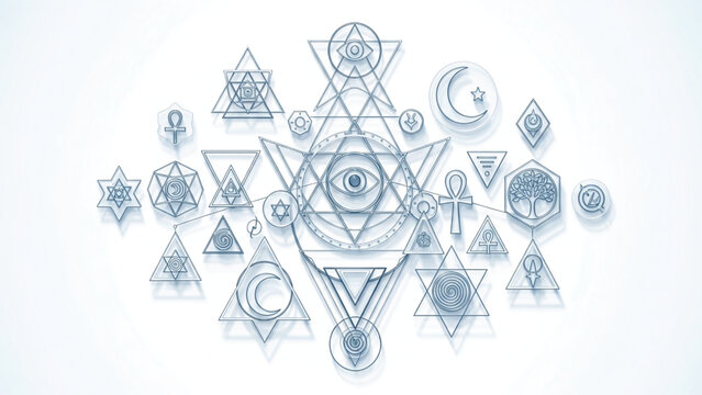 Collection of various spiritual and mystical symbols on a white background.